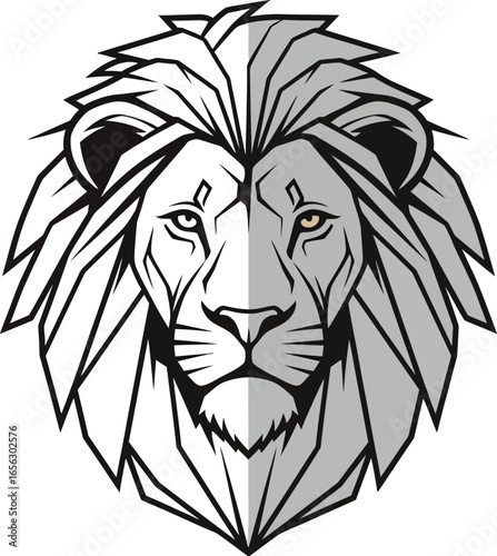 Geometric portrait of a majestic lion's head, showcasing a stylized mane and intense gaze.