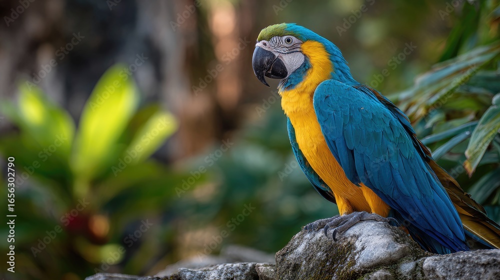 Obraz premium Colorful macaw perched on rock, lush jungle background