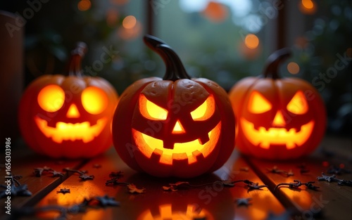 Wallpaper Mural halloween pumpkin jack o lantern halloween pumpkin jack o lantern halloween pumpkin jack o lantern with glowing faces in spooky holiday decoration. High quality Torontodigital.ca