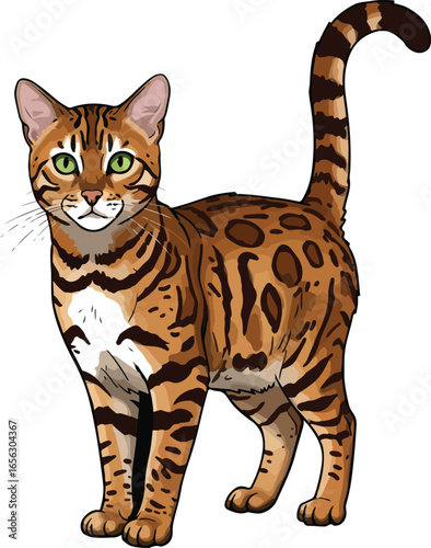 Bengal Cat Standing with Green Eyes and Spotted Coat on White Background Keywords: Bengal cat, domestic cat, feline, pet, animal, mammal, wild cat, spotted coat, tabby, orange, brown, black