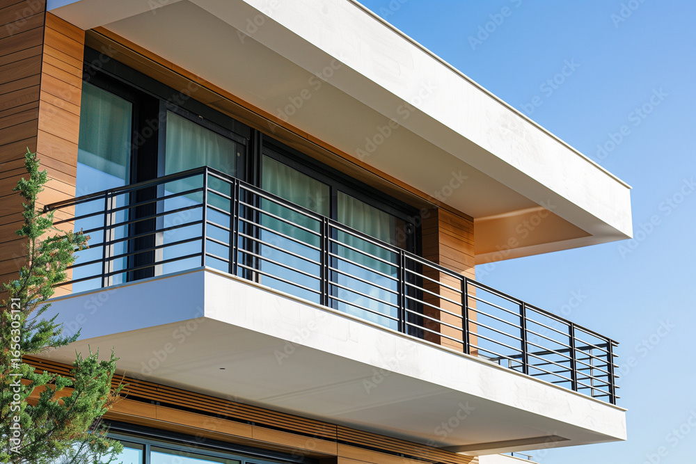 Fototapeta premium Clean architectural balcony design on house facade.