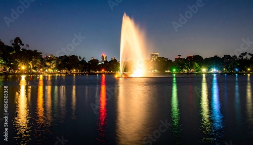 Wallpaper Mural Night scene of a city park with a brightly lit fountain and its reflection in a calm lake Torontodigital.ca