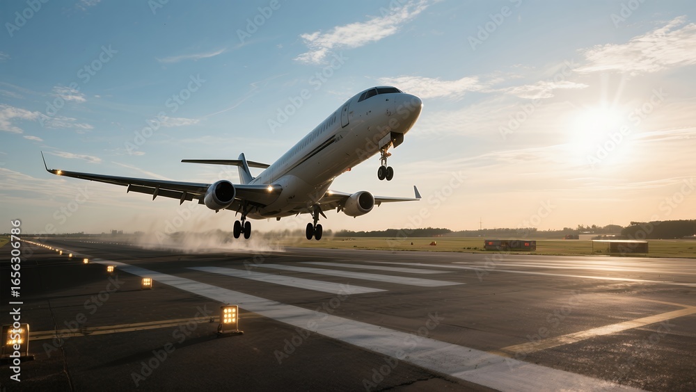 Obraz premium Commercial Airplane Taking Off at Sunset on Airport Runway