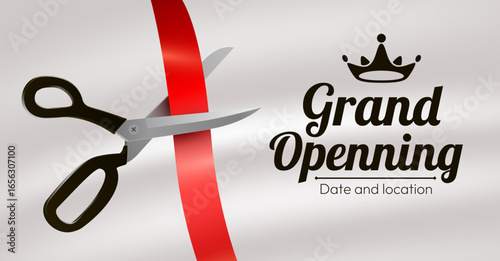 Grand Opening Event. Festive Ceremony Ribbon Cutting with Scissors.
