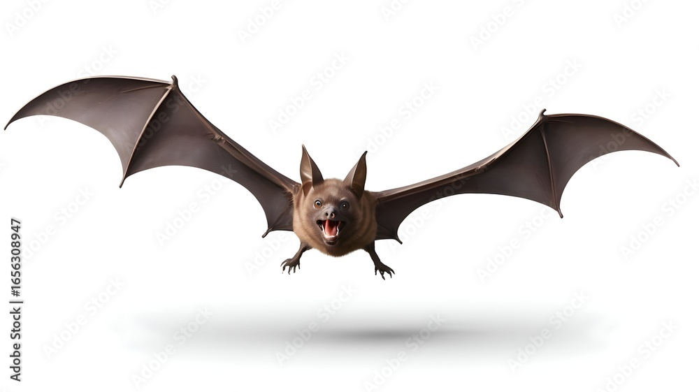 Fototapeta premium Flying bat in mid-air with fully extended wings isolated on white background