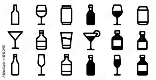 Drink and beverage outline icons set – linear, silhouette, bar and cocktail symbols