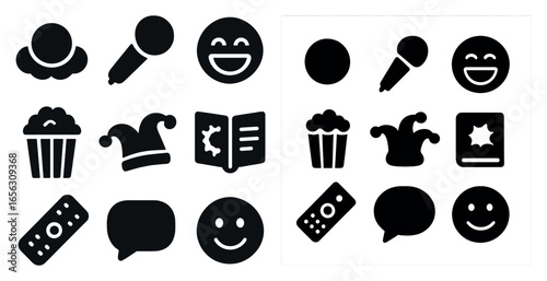Entertainment and humor solid icons set – filled, fun, theater and comedy symbols