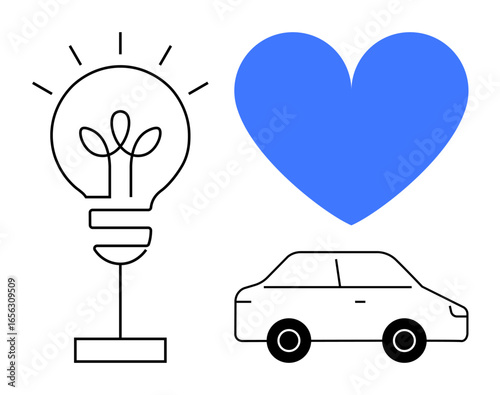 Lightbulb with plant sprout, blue heart, and minimal car outline highlight sustainability and care. Ideal for environment, innovation, energy, transport, love, future design simple landing page