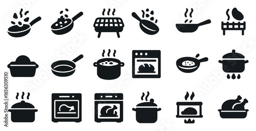 Cooking and kitchen solid icons set – filled, silhouette, culinary and food tools