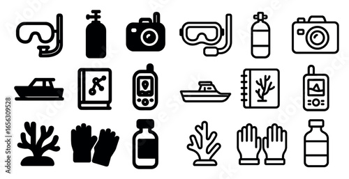 Scuba diving solid icons set – filled, underwater, aquatic adventure symbols