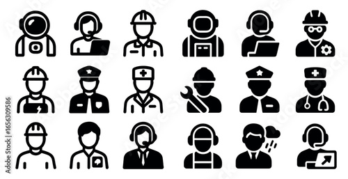 Professional occupations solid icons set – silhouette, career, job symbols