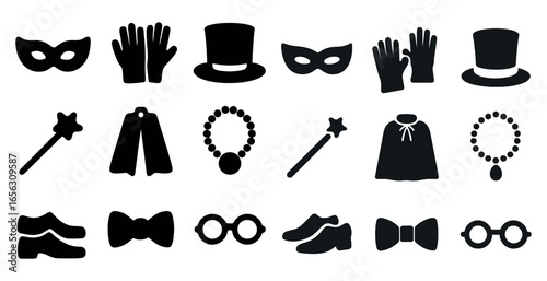 Magic and wizardry silhouette icons set – filled, outline, costume and fantasy symbols