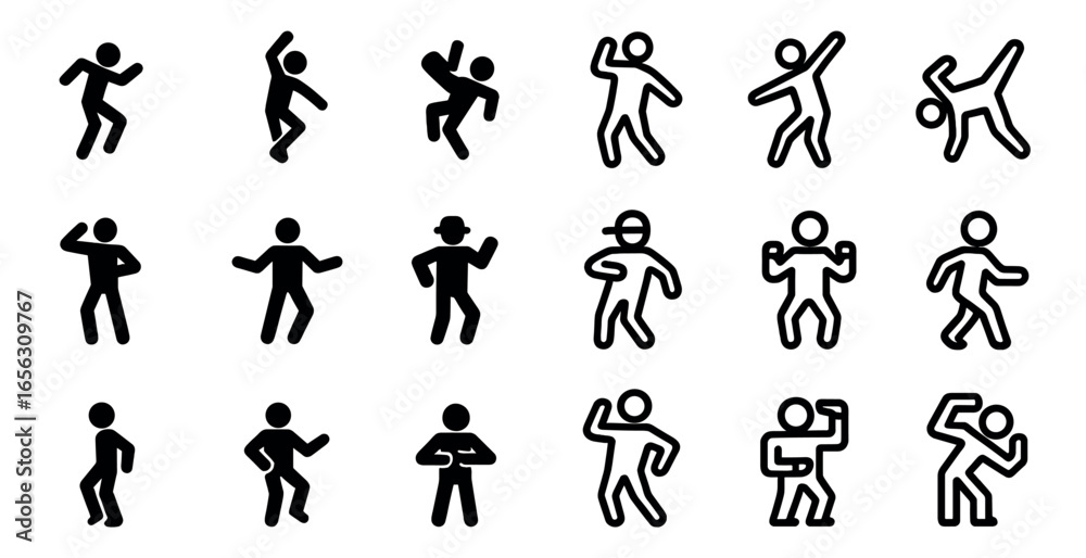 Naklejka premium Dance moves line icons set – silhouette, outline, party and performance symbols