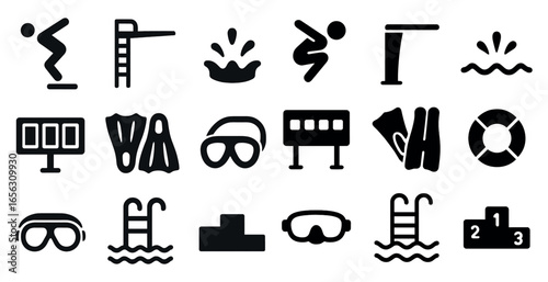 Diving silhouette icons set – solid, filled, swimming and aquatic symbols