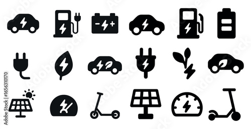Electric and eco-friendly solid icons set – energy, power, sustainability symbols