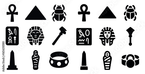 Ancient egypt silhouette icons set – historic, pharaoh, hieroglyph symbols