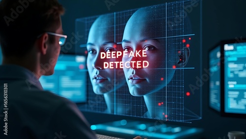 A young Caucasian male analyst discovers a deep fake image on a futuristic interface, showcasing technology and digital security.