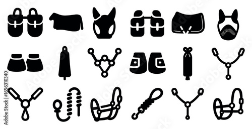 Equestrian solid icons set – filled, silhouette, horse and riding equipment symbols