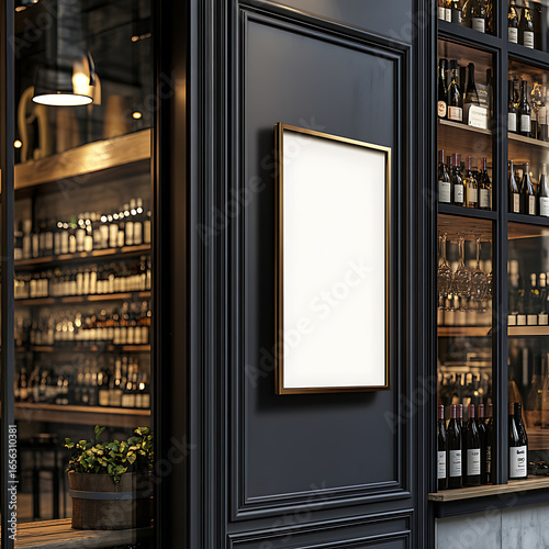 Modern bar interior showcasing a display of bottles and a blank frame for customization.