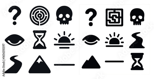 Mystery and adventure icons set – solid, filled, puzzle and exploration symbols