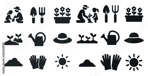 Gardening solid icons set – silhouette, filled, planting and horticulture symbols