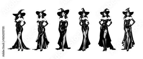 A collection of elegant black and white witch illustrations in varying poses for Halloween celebration designs