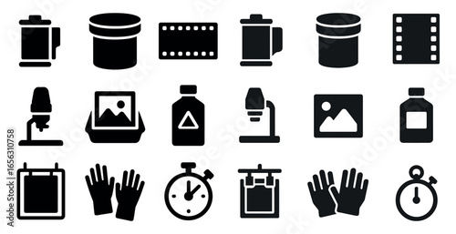 Photography and darkroom solid icons set – filled, developing, film processing symbols