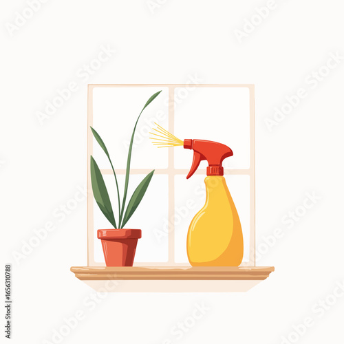 Spray bottle on windowsill with potted plant and sunlight streaming through glass. Cleaning supplies on wooden ledge create refreshing atmosphere for home and garden care.