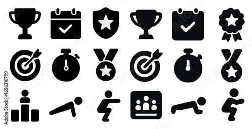 Fitness and exercise solid icons set – workout, health, activity symbols