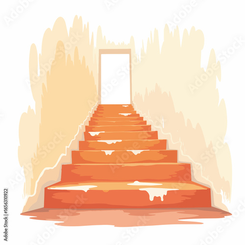 Worn stairs leading to bright doorway with chipped paint and rustic texture adding charm and character. Stairs exhibit orange hues and aged details,
