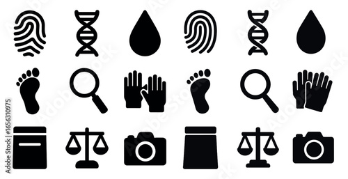 Forensic science silhouette icons set – investigation, analysis, crime detection symbols