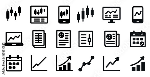 Finance and business icons set – solid, filled, statistics and analysis symbols