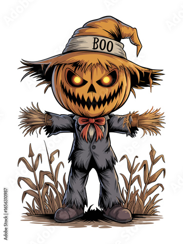 Spooky Halloween scarecrow with a pumpkin head featuring glowing eyes and "Boo" on its hat