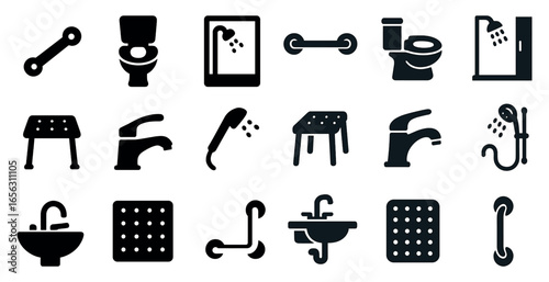 Bathroom and plumbing icons set – solid, filled, sanitary and fixture symbols