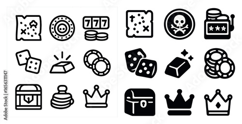 Casino and gambling outline icons set – silhouette, filled, betting and gaming symbols