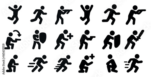 Gaming actions filled icons set – solid, silhouettes, video game action symbols