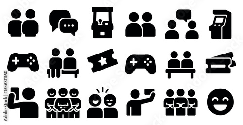 Gaming and social silhouette icons set – solid, filled, communication symbols