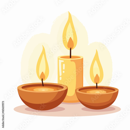 Warm tealight candles glowing softly in daylight with natural ambiance created by three lit candles. Elegant setup includes traditional design and wooden textures, creating a calming atmosphere.