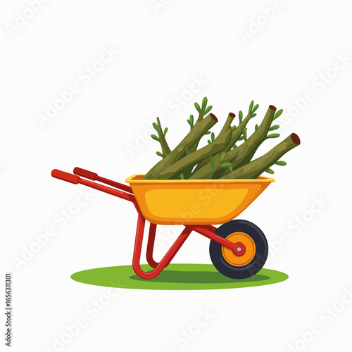 Wheelbarrow loaded with trimmed branches in vibrant garden scene. Wheelbarrow filled with green branches, perfect for landscaping projects and gardening.