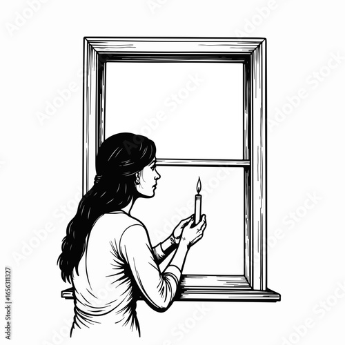 Woman lighting candle by window with soft light illuminating her face. Woman reflects on memories while holding candle, bringing warmth to the room. Concept of tranquility and peacefulness by window.