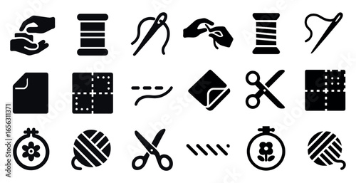 Sewing and craft solid icons set – stitching, needlework, handicraft symbols