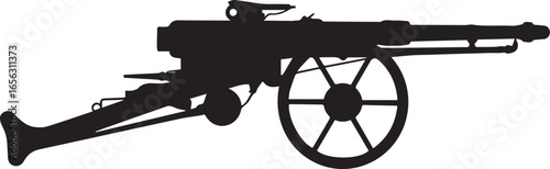 silhouette vector of a machinegun mounted on a wheeled carriage with bipod for military support weapon