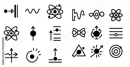 Science and physics outline icons set – linear, atomic, educational graphics