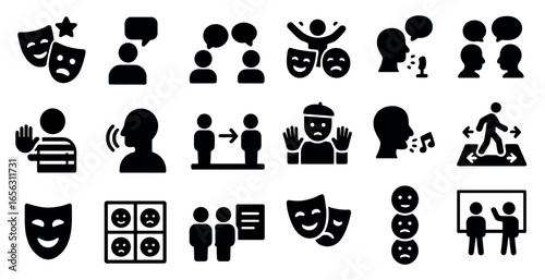 Theater and performance icons set – solid, silhouette, drama and communication symbols