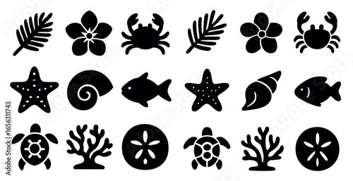 Marine life silhouette icons set – filled, ocean creatures and sea animals graphics