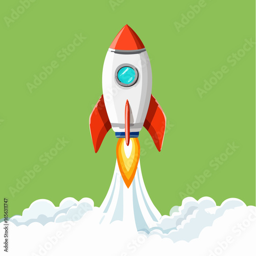 A single editable vector icon of a rocket launching with smoke trail, isolated on green screen for animation scenes