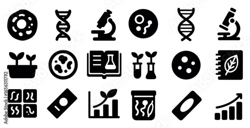 Biology and science solid icons set – microscope, dna, lab research symbols