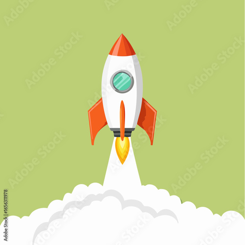 A single editable vector icon of a rocket launching with smoke trail, isolated on green screen for animation scenes