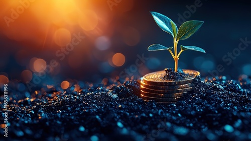 Financial Growth Concept: Sprouting Plant on Stack of Coins with Sunlight
