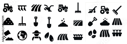 Farming and agriculture solid icons set – filled, outline, cultivation graphics